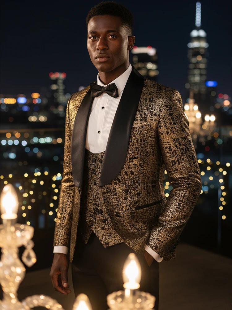 Costume de luxe pour hommes, ensemble de costume de mariage 3 pièces noir or pour marié, robe de soi