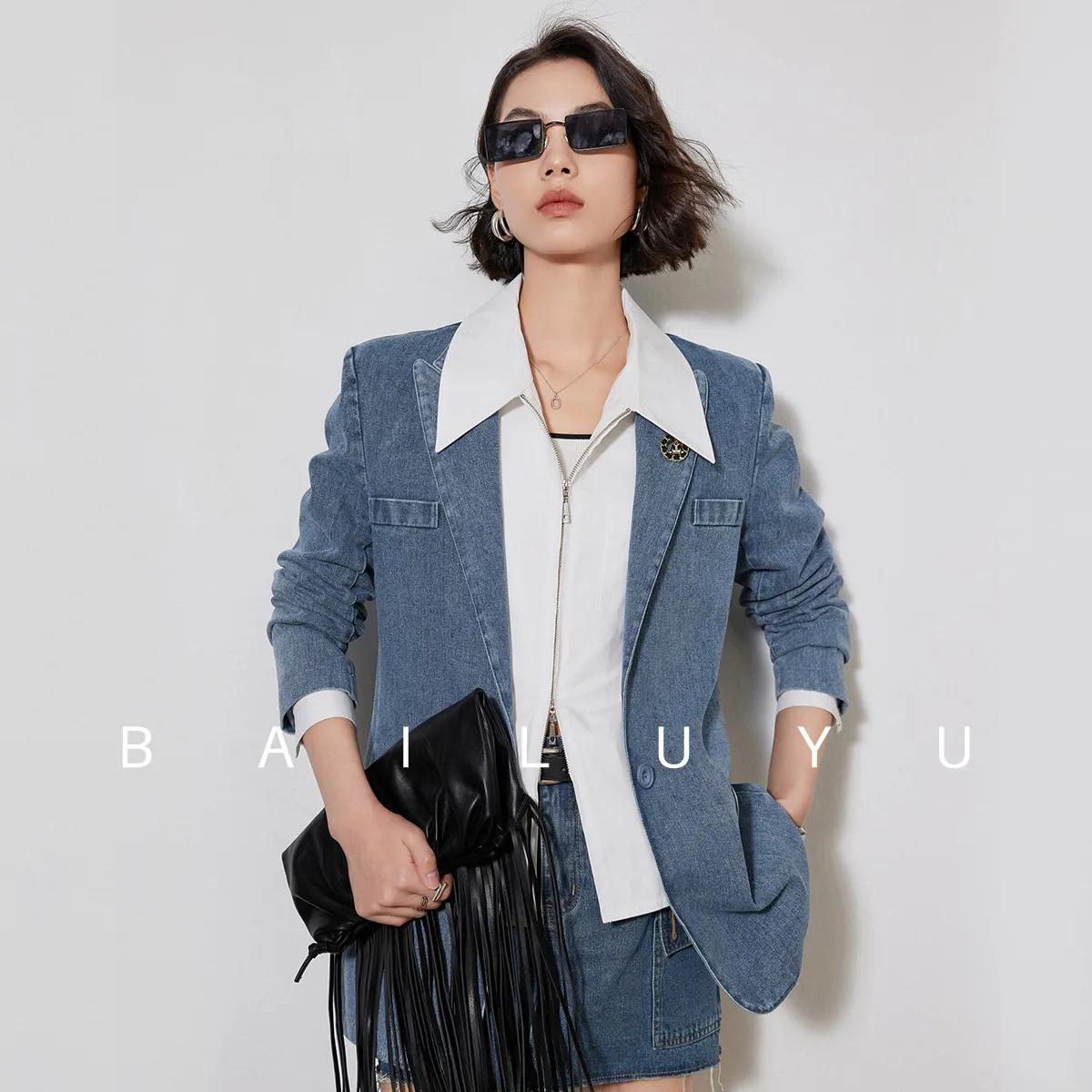 Modiis Yao-Blazer en denim imbibé de style rétro, manteau de document léger élégant, col rabattu, ma