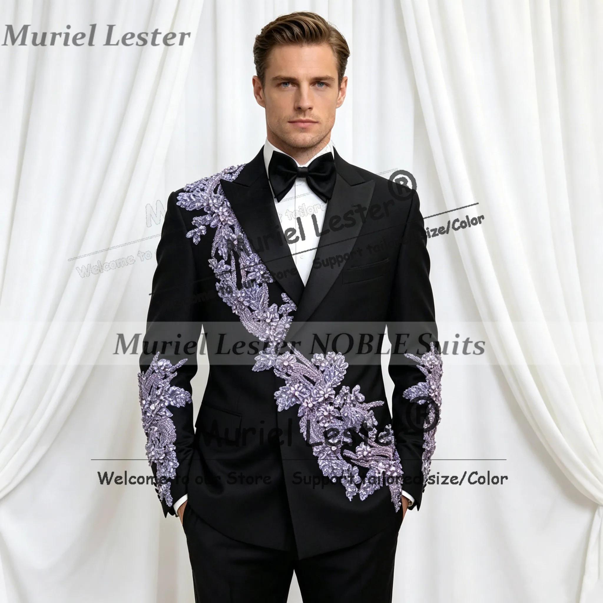 Costume de mode masculin pour mariage, violet, avec appliques de pierres perlées, blazer de bal pers