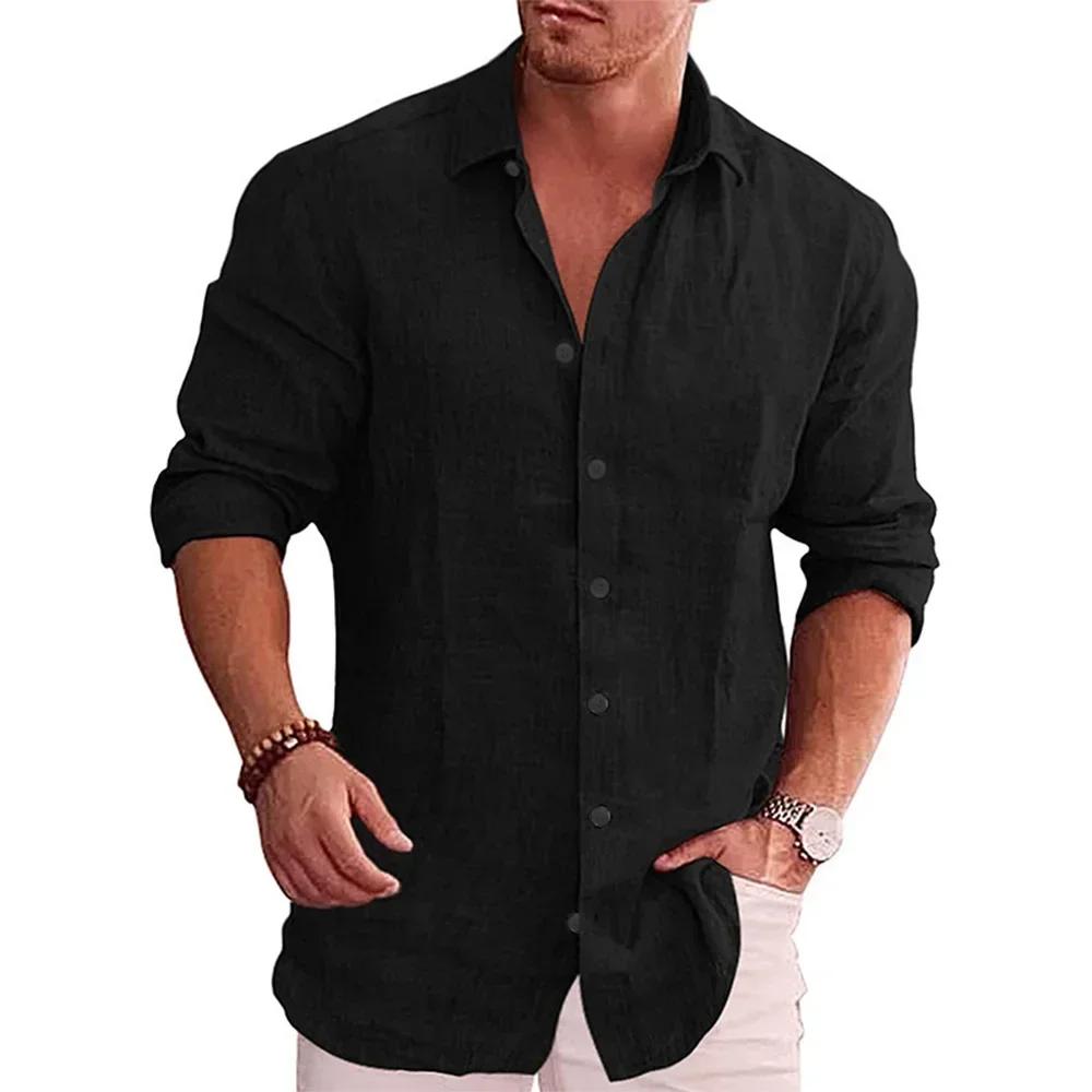 Chemise à manches longues pour hommes, en coton et lin, couleur unie, Style décontracté, grande tail