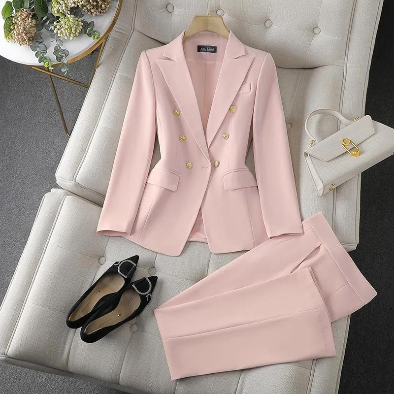Ensemble 2 pièces de mode coréenne : Blazer à col rabattu et pantalon slim à manches longues pour fe