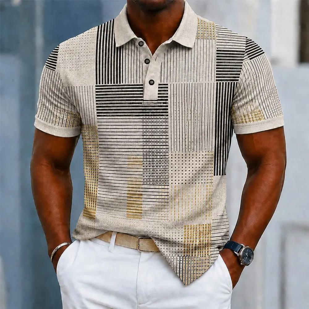 Polo pour homme beige à rayures géométriques, hauts décontractés pour le printemps et l'été, streetw