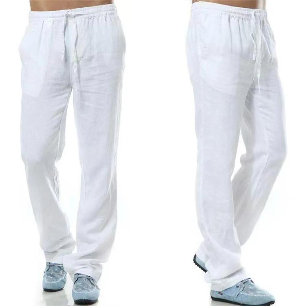 Pantalon en coton et lin pour homme, respirant, couleur unie, Fitness, Streetwear, dos avec poche, n
