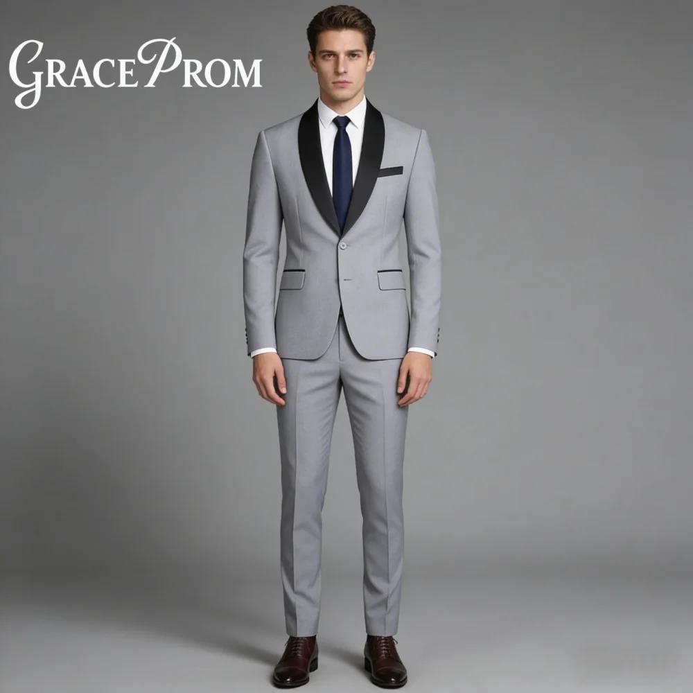 Costume de Mariage Homme Premium Gris Clair et Noir à Revers Châle, Simple Boutonnage, Veste, Gilet 