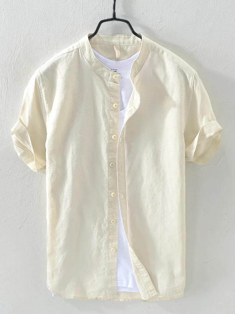 Chemise à manches courtes pour homme, col mandarin, mélange de lin, décontractée, ample, boutonnée, 
