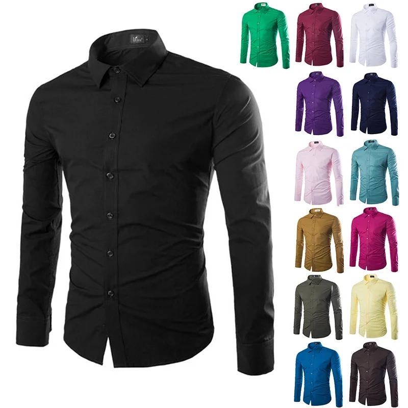 14 couleurs couleur unie hommes à la mode couleur bonbon chemise hommes décontracté à manches longue