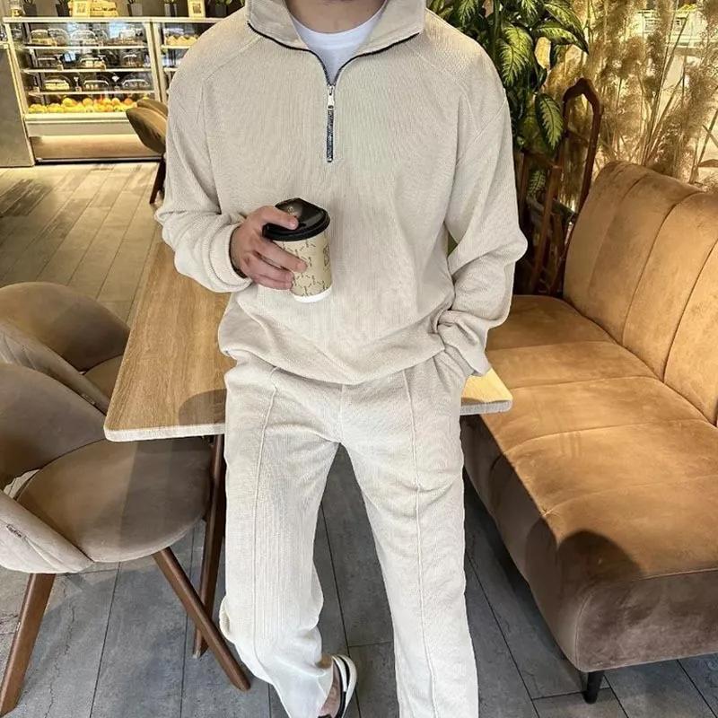 Nouveau costume décontracté pour homme en velours côtelé tendance avec col montant et demi-fermeture