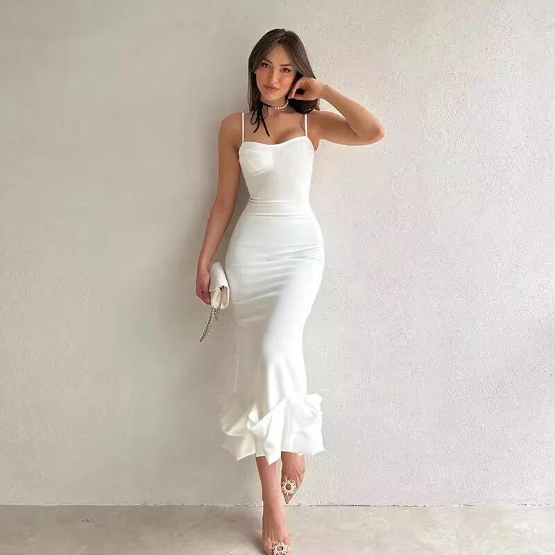 Robe mi-longue Sexy sans manches, dos nu, mode d'été, moulante, élégante, à volants, pour fête d'ann