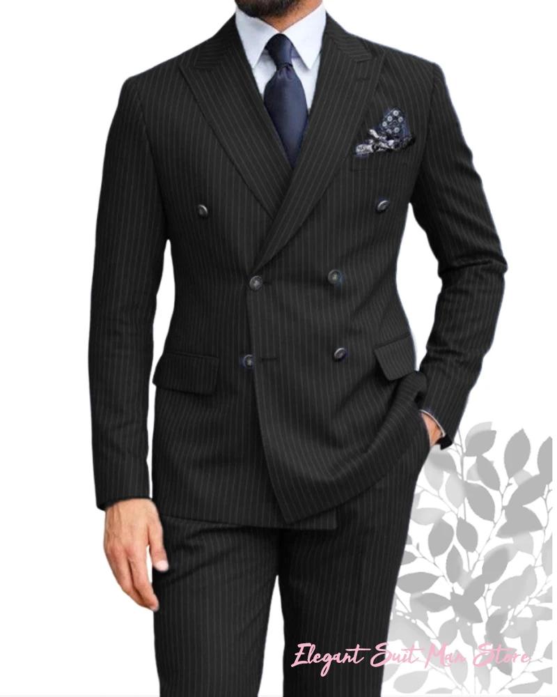 Costume d'affaires rayé bleu marine pour homme, ensemble 2 pièces, veste de costume, pantalon de cos