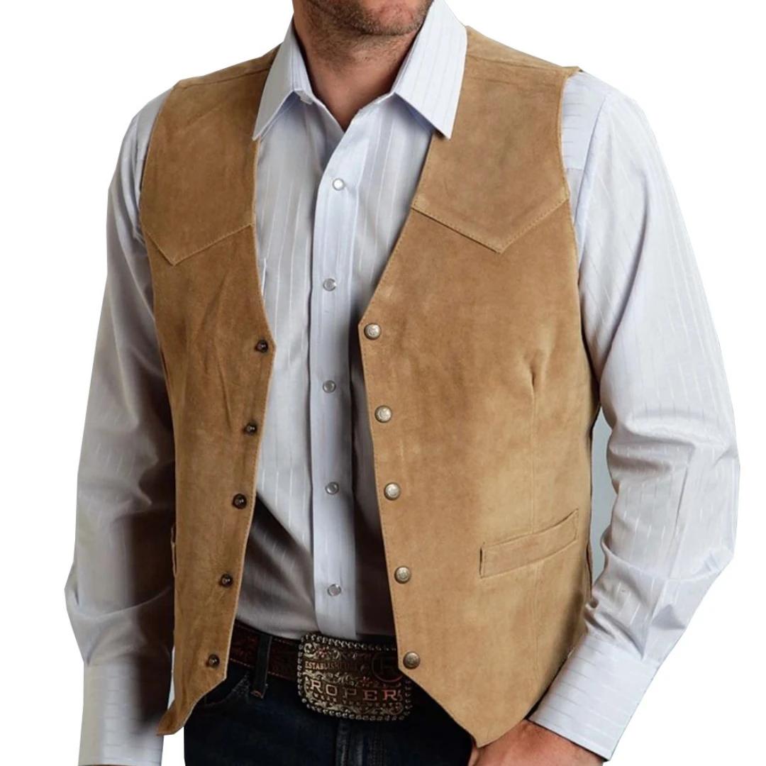 Hommes gilet or daim cuir Gentleman affaires gilet Vintage Western Cowboy régulier mince affaires Ba