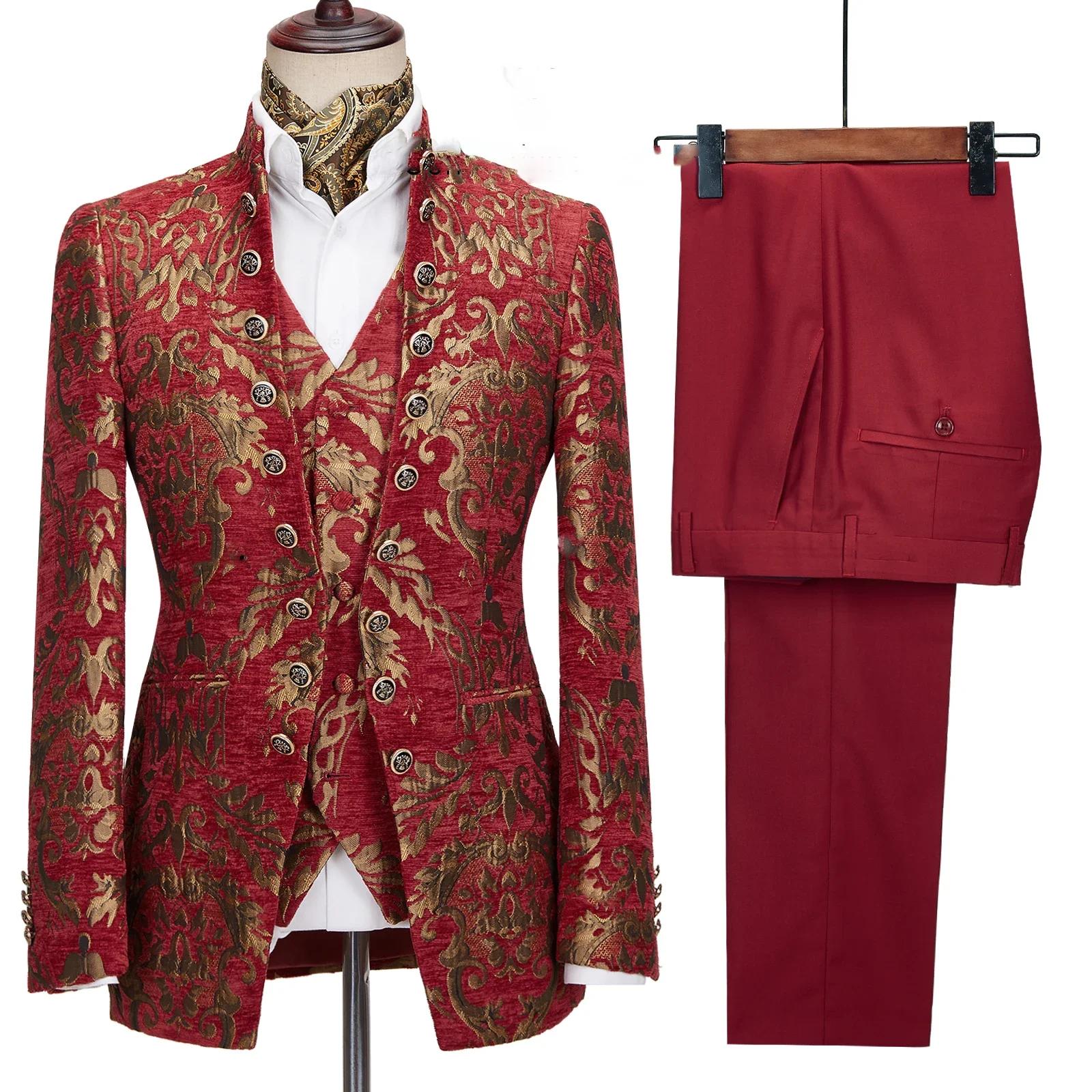 Costumes floraux dorés pour hommes, coupe cintrée, de luxe, pour fête de mariage, Tuxedos de marié, 