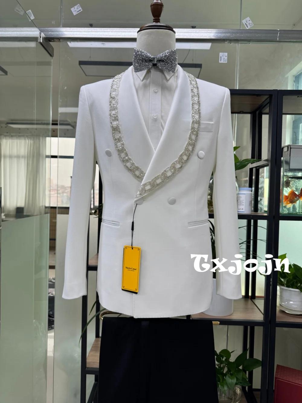 Ensemble de costume blanc de luxe à perles, 2 pièces, pour homme, pour mariage, ensemble de marié, é