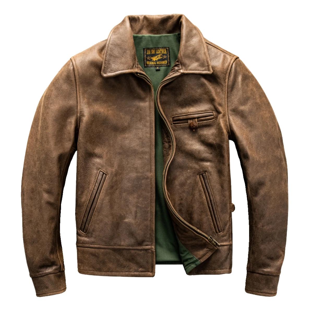 Veste en cuir marron pour homme, style rétro, grande taille 5XL, en cuir de vache véritable, col rab