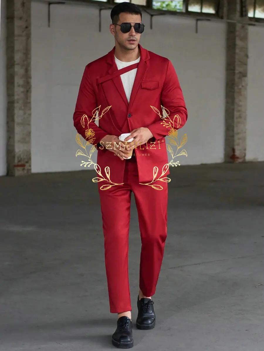 Costumes décontractés à la mode pour hommes, smoking rouge, ensemble Blazer à revers cranté, vêtemen