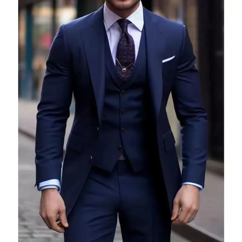 Costume 3 Pièces Bleu Marine pour Homme, Décontracté, Coupe Cintrée, Revers Cranté, Formel, Meilleur