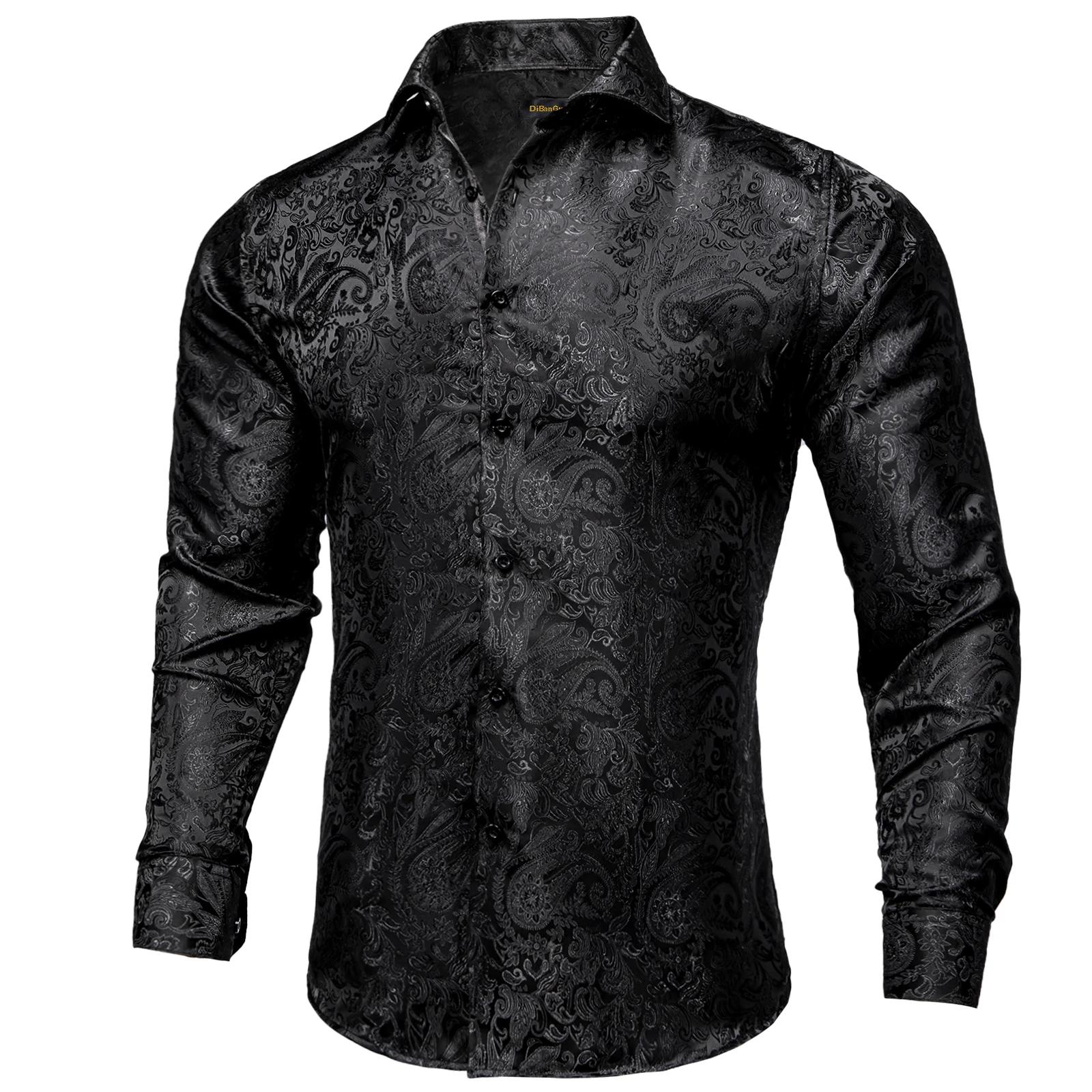 Chemises habillées en soie Paisley noire à manches longues pour hommes, chemise sociale de smoking d