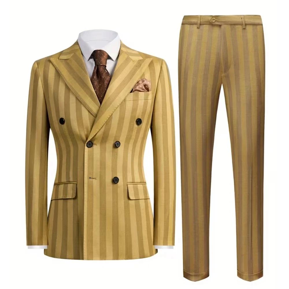 Costume jaune à larges rayures pour hommes, ensemble veste et pantalon, Double boutonnage, revers à 