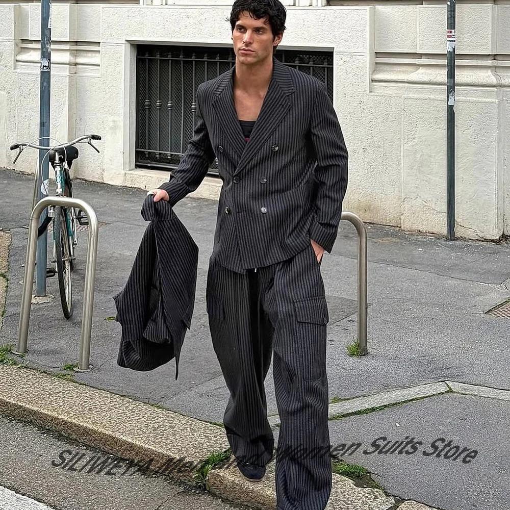 Costume élégant pour hommes, à fines rayures, Double boutonnage, revers cranté, ensemble deux pièces