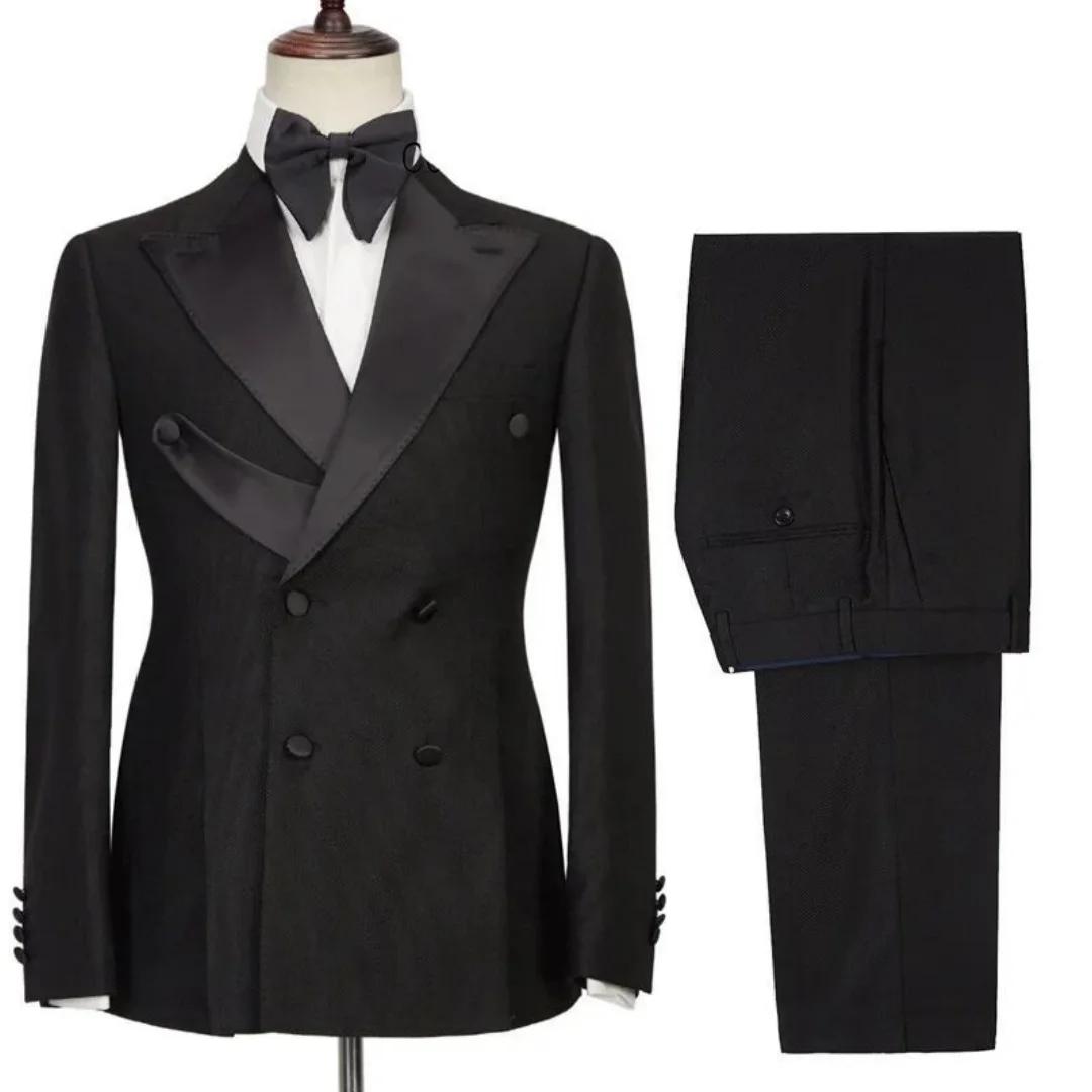 Costume 2 pièces noir pour hommes, avec revers brillant, Double bouton, pour mariage, marié, Banquet