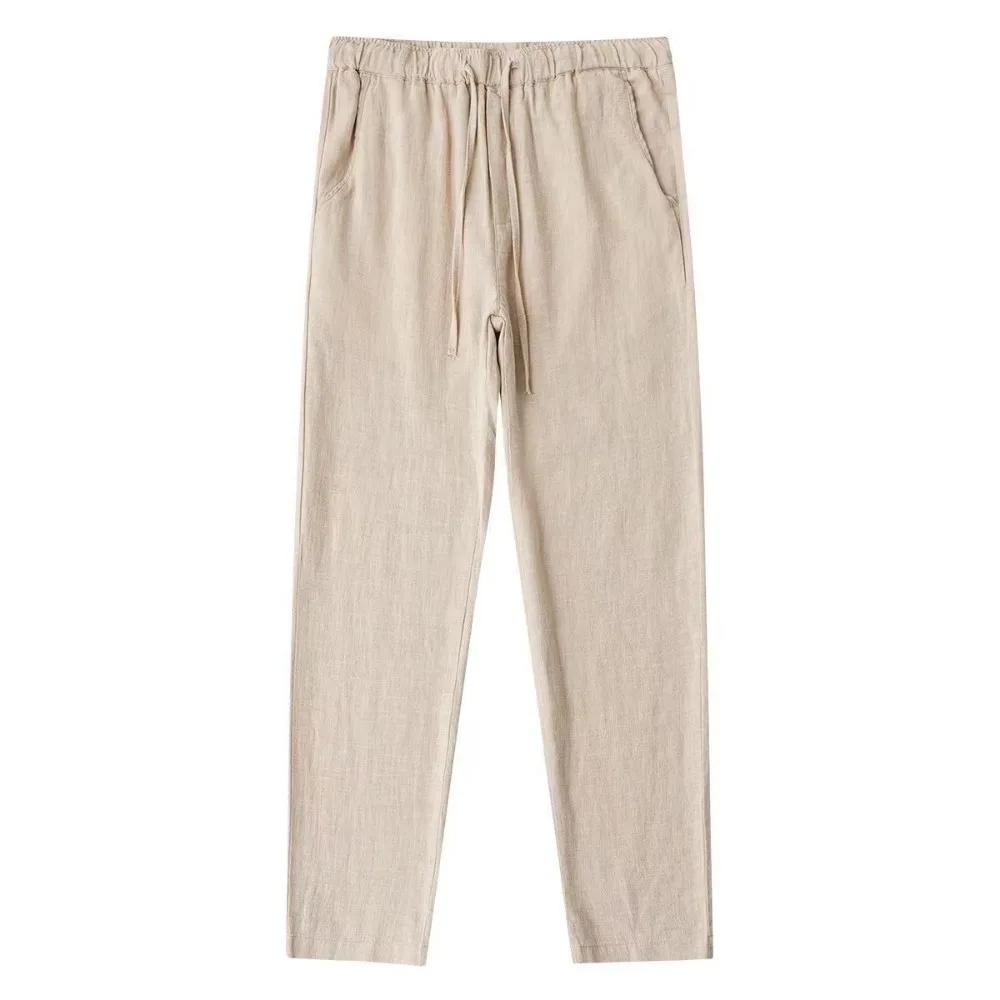 Pantalon en coton et lin pour homme, respirant, couleur unie, Fitness, Streetwear, dos avec poche, n