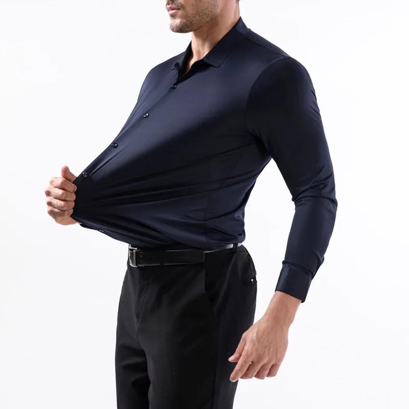 Chemise à manches longues pour hommes, extensible dans les quatre voies, sans fer, soyeuse, commerce