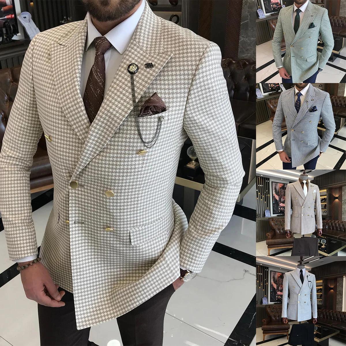 Costumes pied-de-poule pour hommes, veste à Double boutonnage, coupe cintrée, vêtements de marié de 
