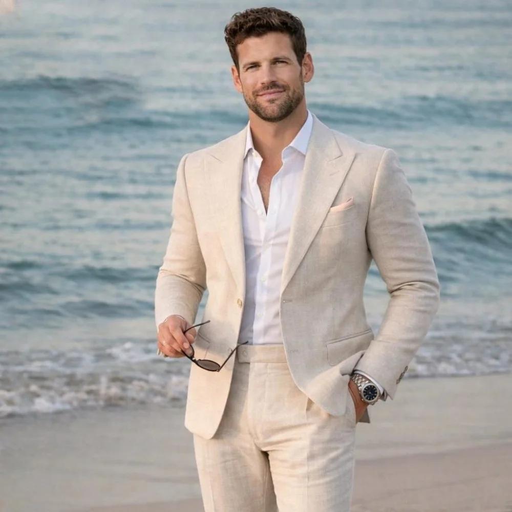 Costume d'été en lin pour homme, 2 pièces, pour mariage, marié, smoking, blazer sur mesure avec pant