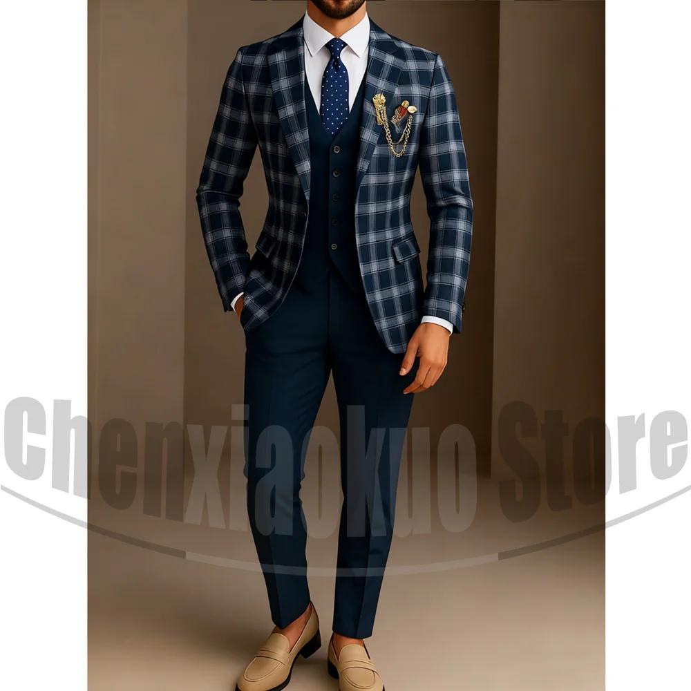 Costume à carreaux pour hommes, ensemble trois pièces, Blazer à carreaux, gilet, pantalon Chic, reve