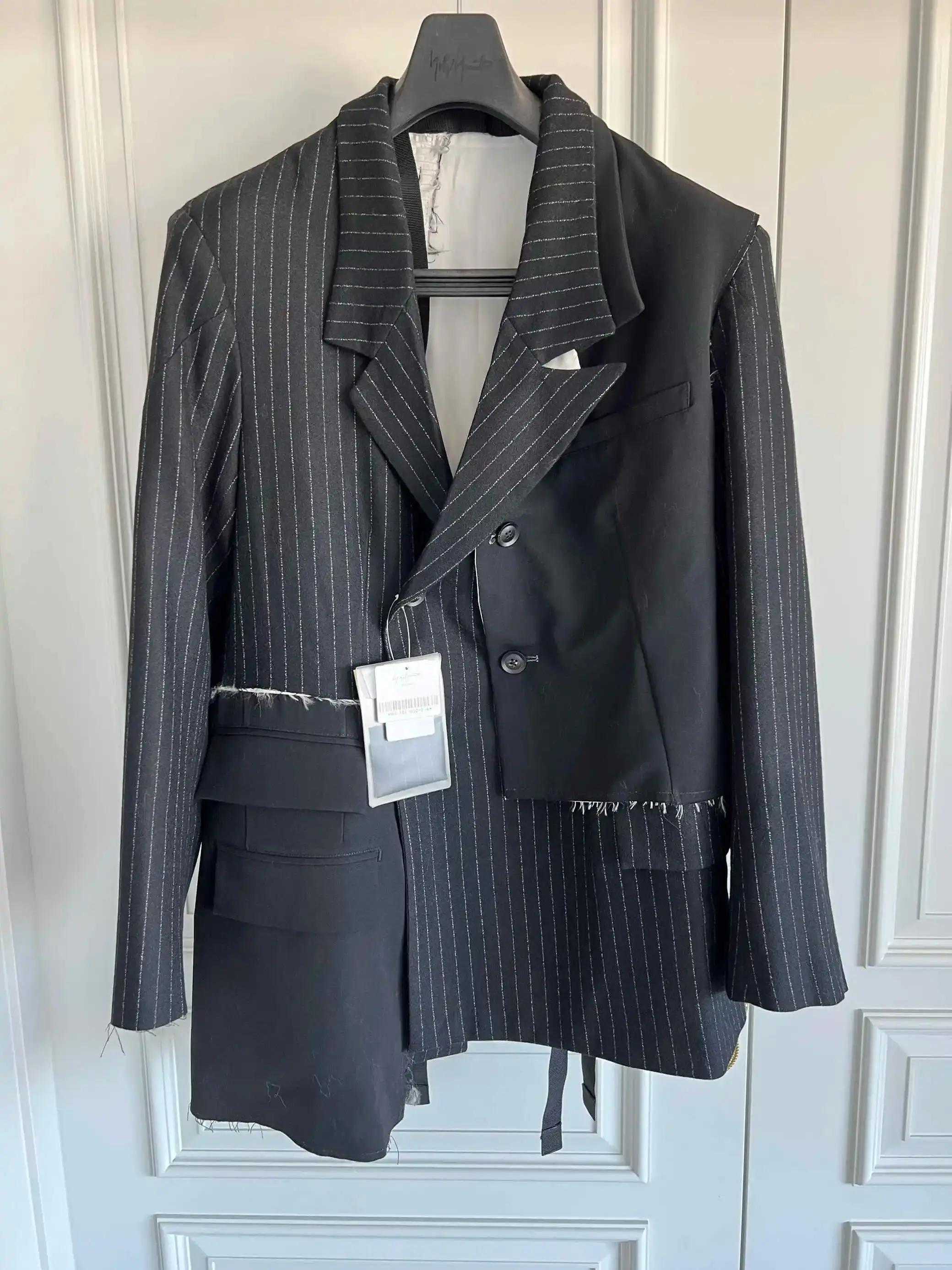 Veste de costume en laine patchwork, design original, style foncé, dos ample, fil blanc, TOP-YAMAMOT