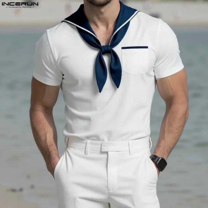 INCERUN hommes t-shirt Patchwork été col marine à manches courtes hommes t-shirt hauts Streetwear 20