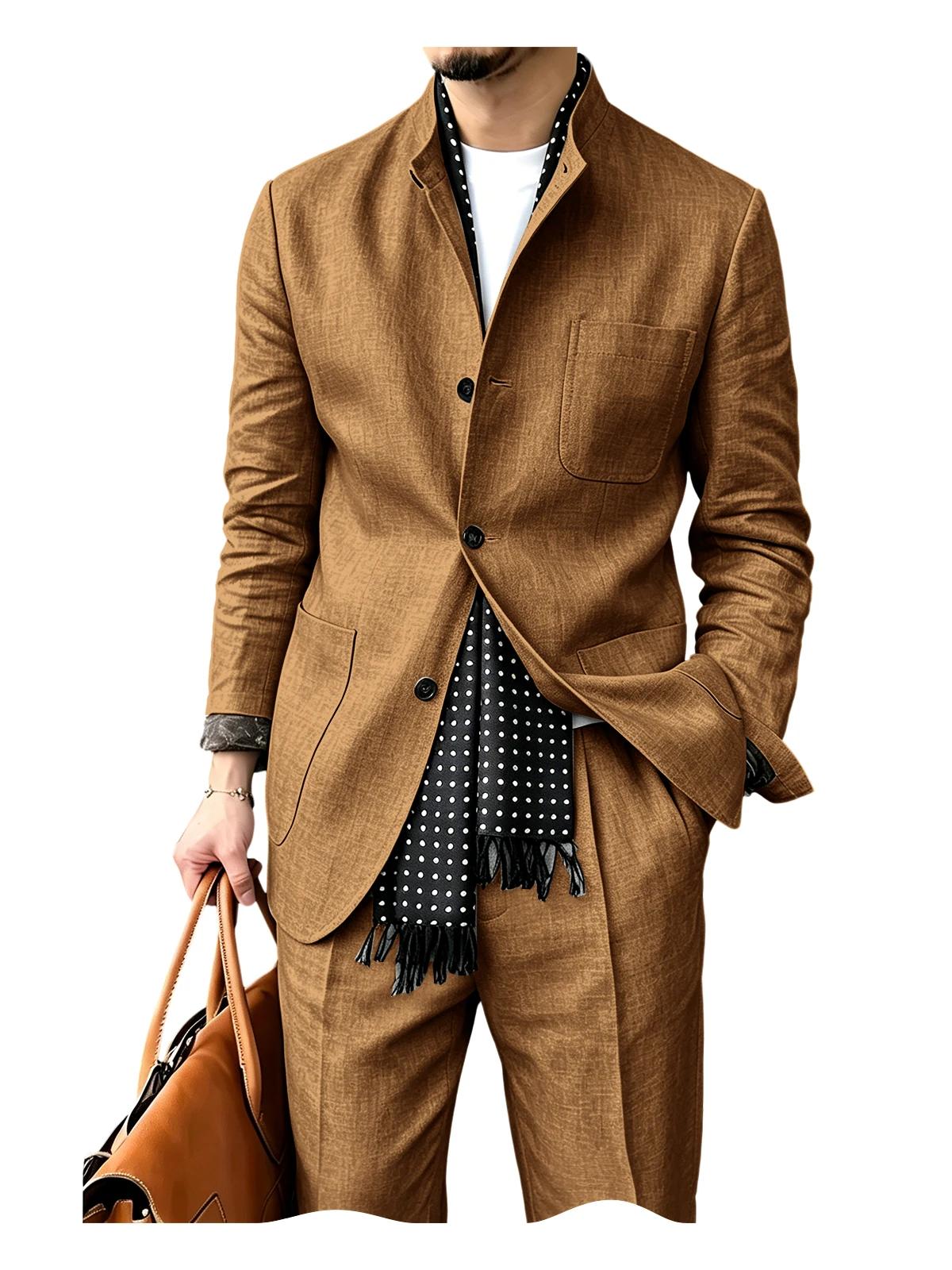 Ensemble de costume 2 pièces en lin mélangé pour homme, col montant, respirant, décontracté, blazer 