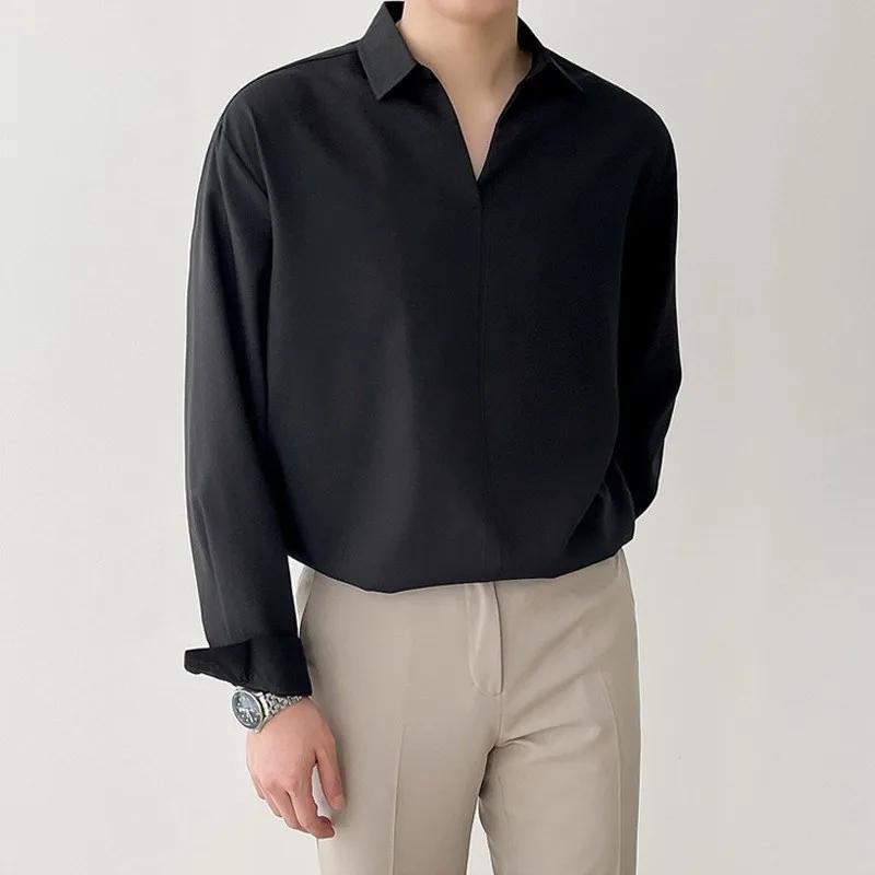 Nouveau coréen col en V hommes chemises de luxe décontracté Style tombant mince couleur unie à manch