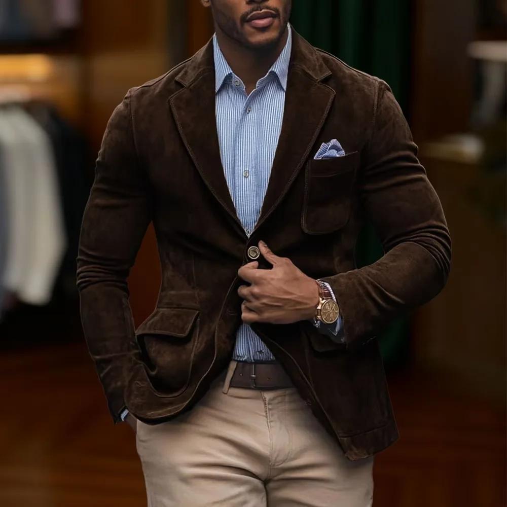Blazer en daim marron pour homme, coupe slim vintage, revers cranté, veste formelle de haute qualité