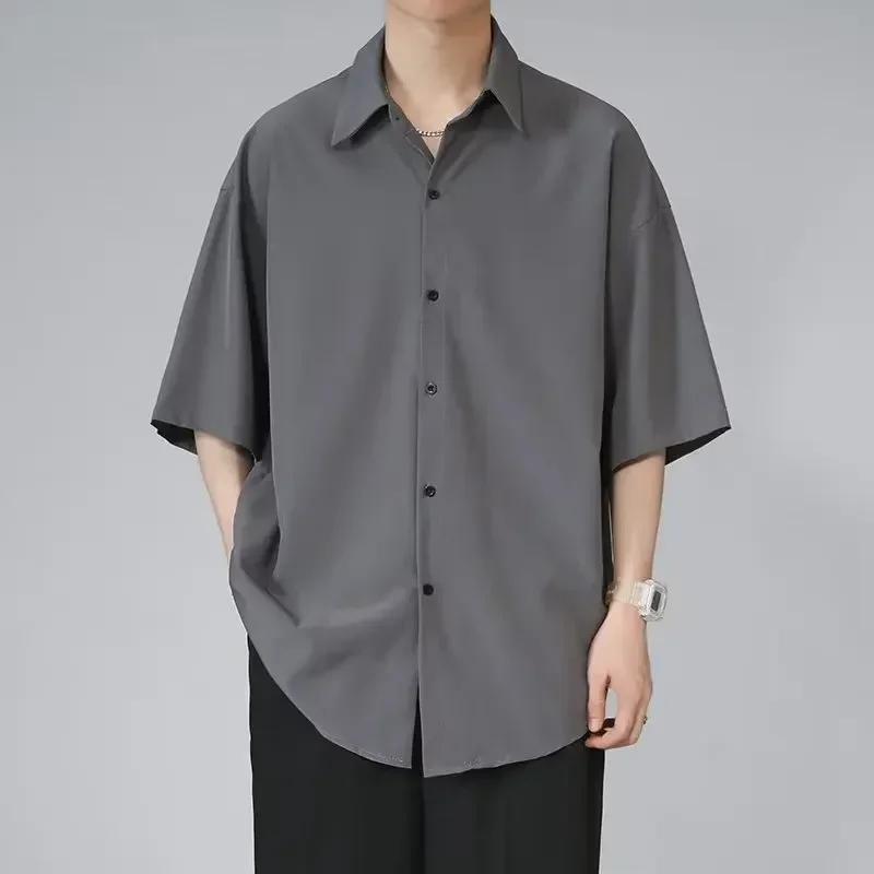 Chemise à manches courtes en soie glacée pour hommes, coupe ample, Style coréen, chemise noire tenda