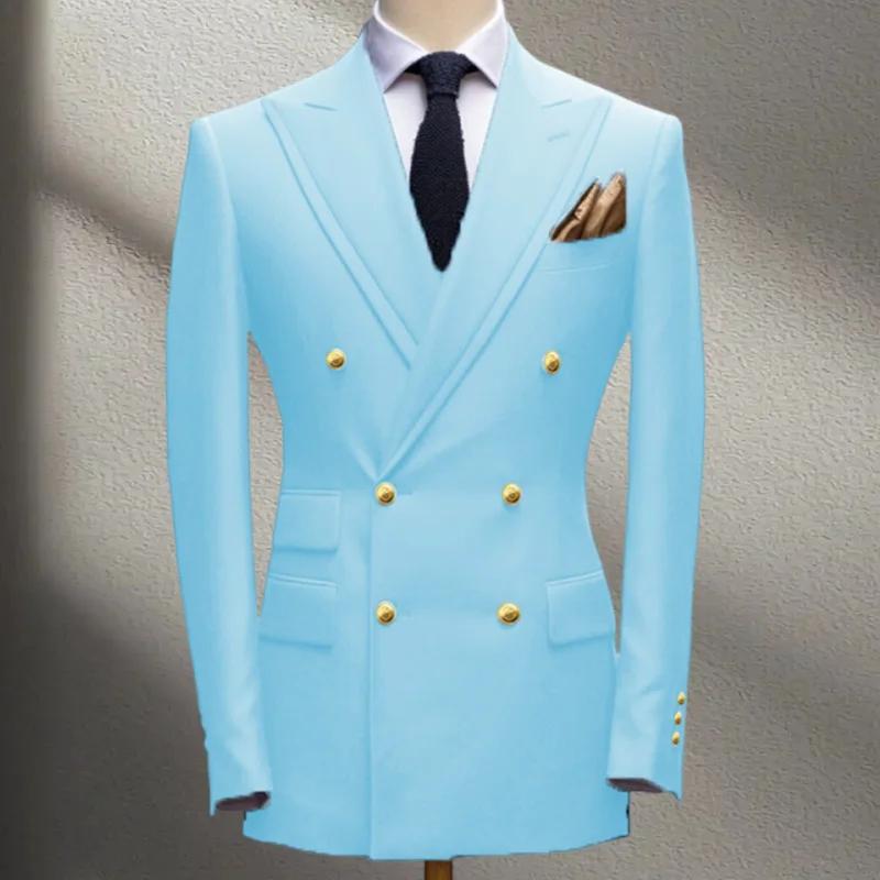 Veste de costume bleue pour homme, blazer amincissant tendance, double rangée de boucles métalliques