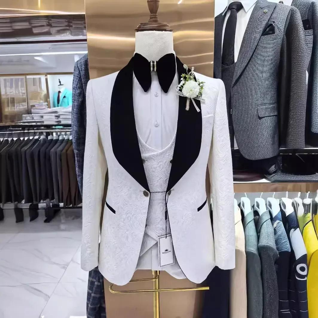 Costumes de mariage floraux pour hommes, 3 pièces, coupe cintrée, smoking de marié, Jacquard, costum