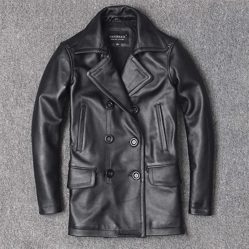 Veste en cuir véritable pour homme, coupe-vent à revers, coupe couvertes, double boutonnage, couche 