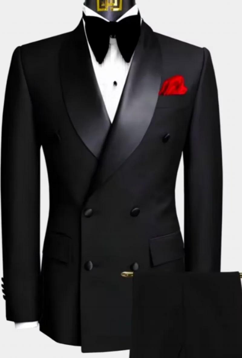 Tuxedos noir à Double boutonnage pour hommes, châle à revers en Satin, costumes de mariage, 2 pièces