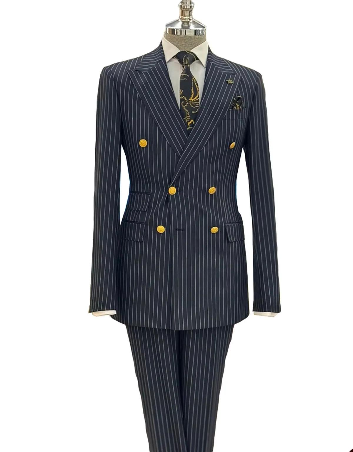 Costumes à Double boutonnage pour hommes, à fines rayures, à revers, Tuxedos de marié, Blazer de fêt