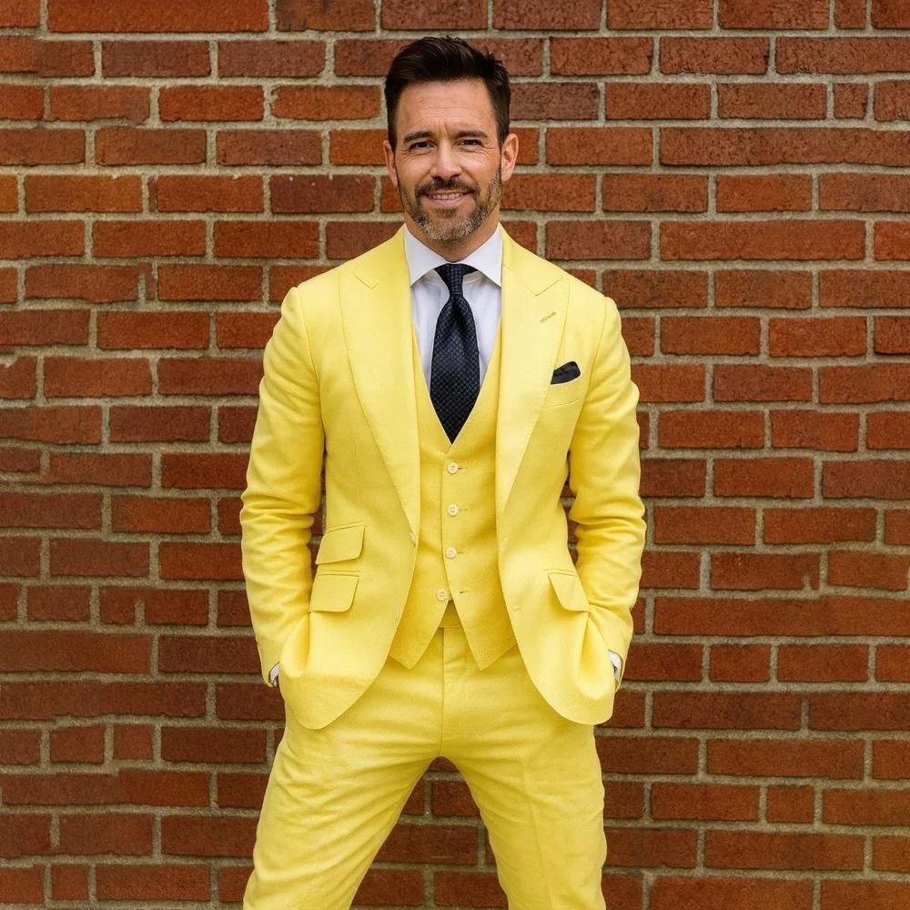Costume homme en lin 3 pièces sur mesure, veste, gilet et pantalon, pour soirée estivale, mariage à 