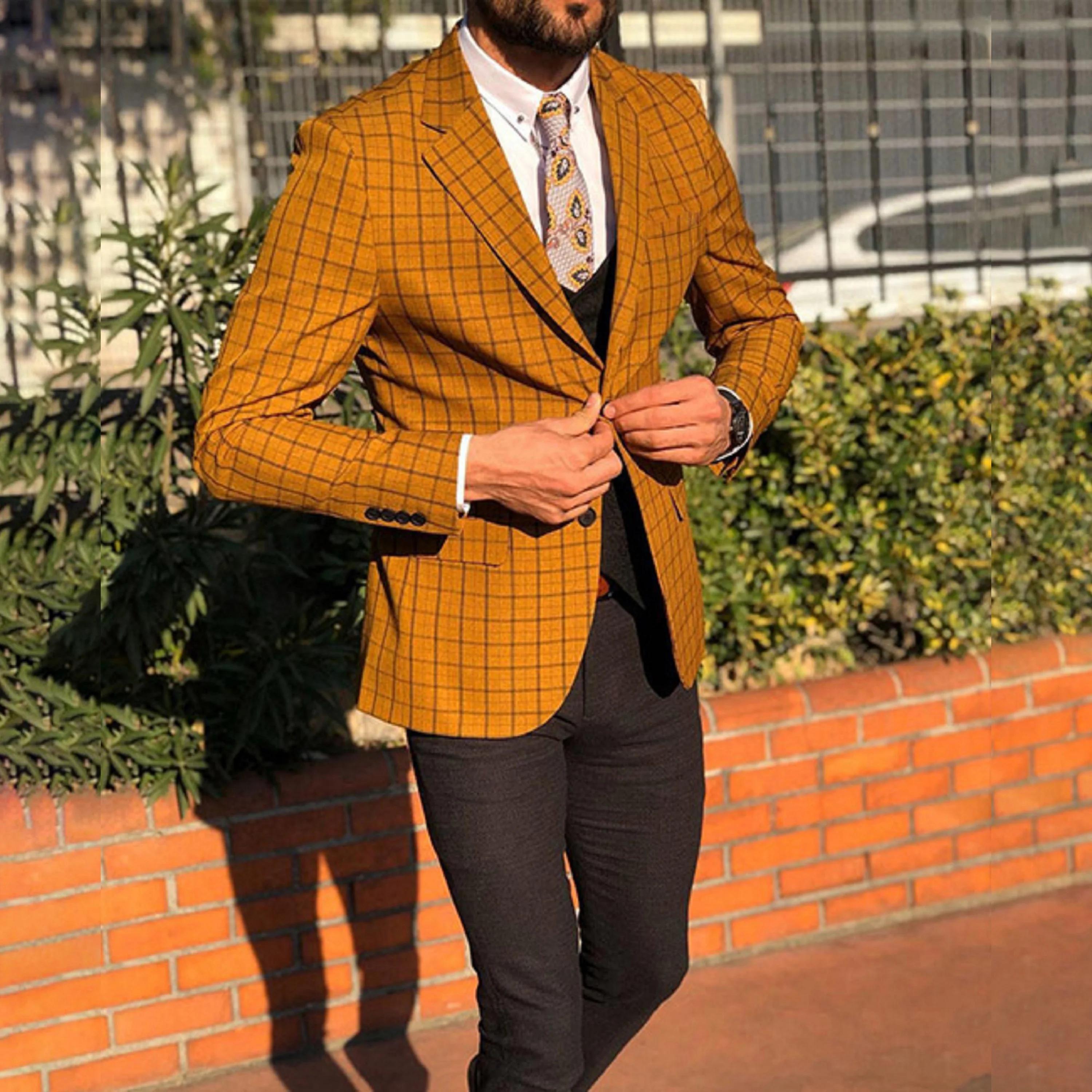 Veste de costume élégante à carreaux pour homme avec poches, décontractée pour l'extérieur, à deux b