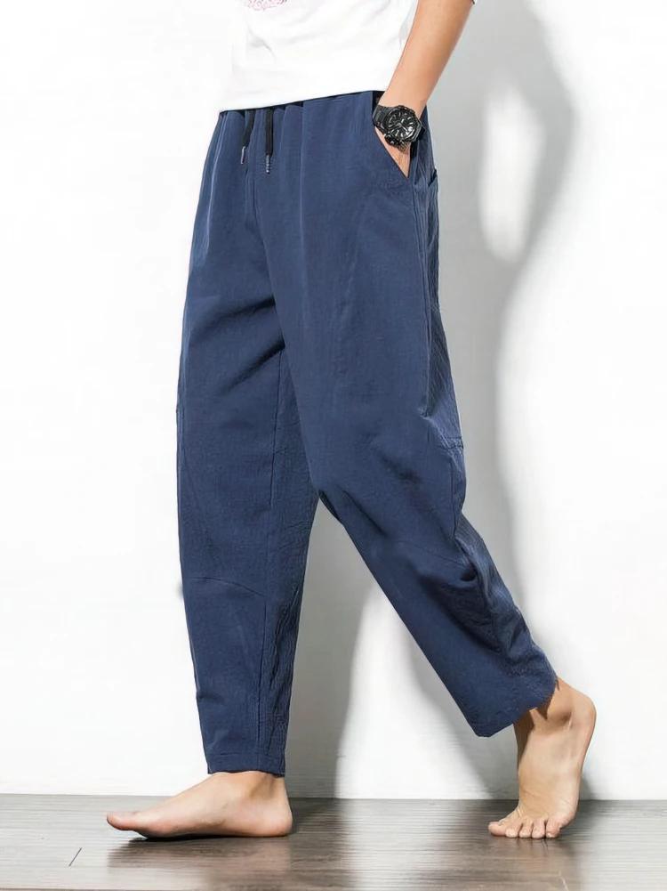 Coton lin survêtement pantalon hommes Baggy pantalon décontracté mâle marche jambe large lâche coton