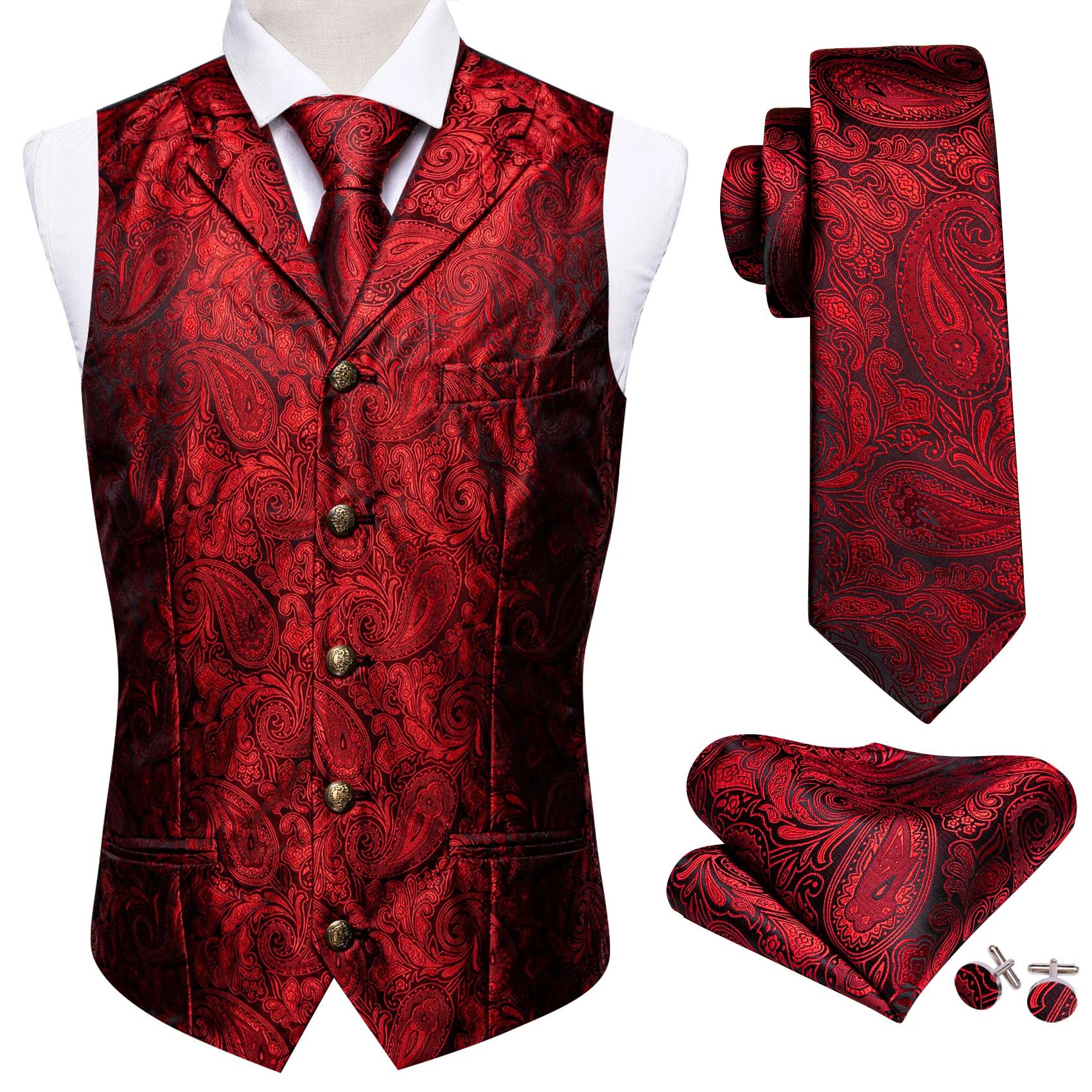 Gilet de Costume Élégant pour Homme Brodé Rouge Bourgogne Motif Paisley Fleur Ensemble Gilet Cravate