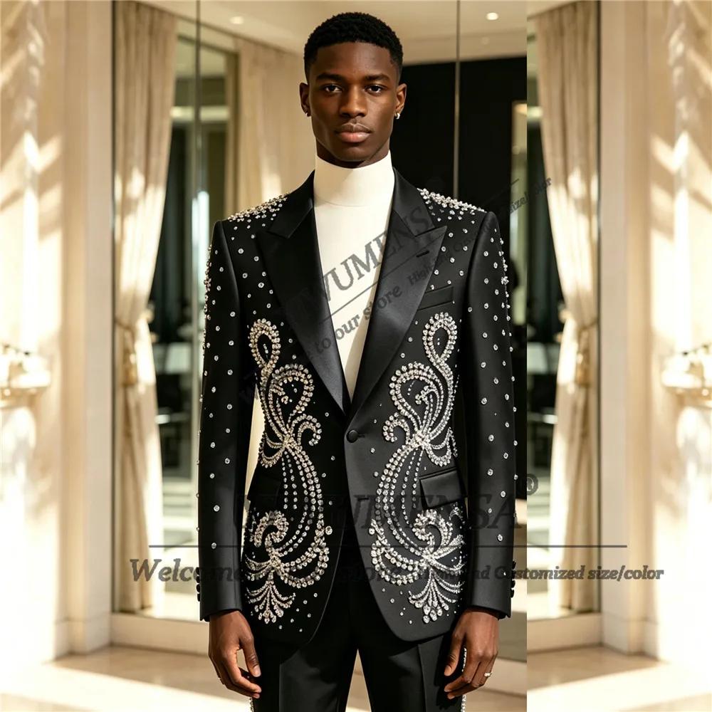 Costumes de mode pour hommes pour mariage, blazers ornés de pierres argentées, ensembles personnalis