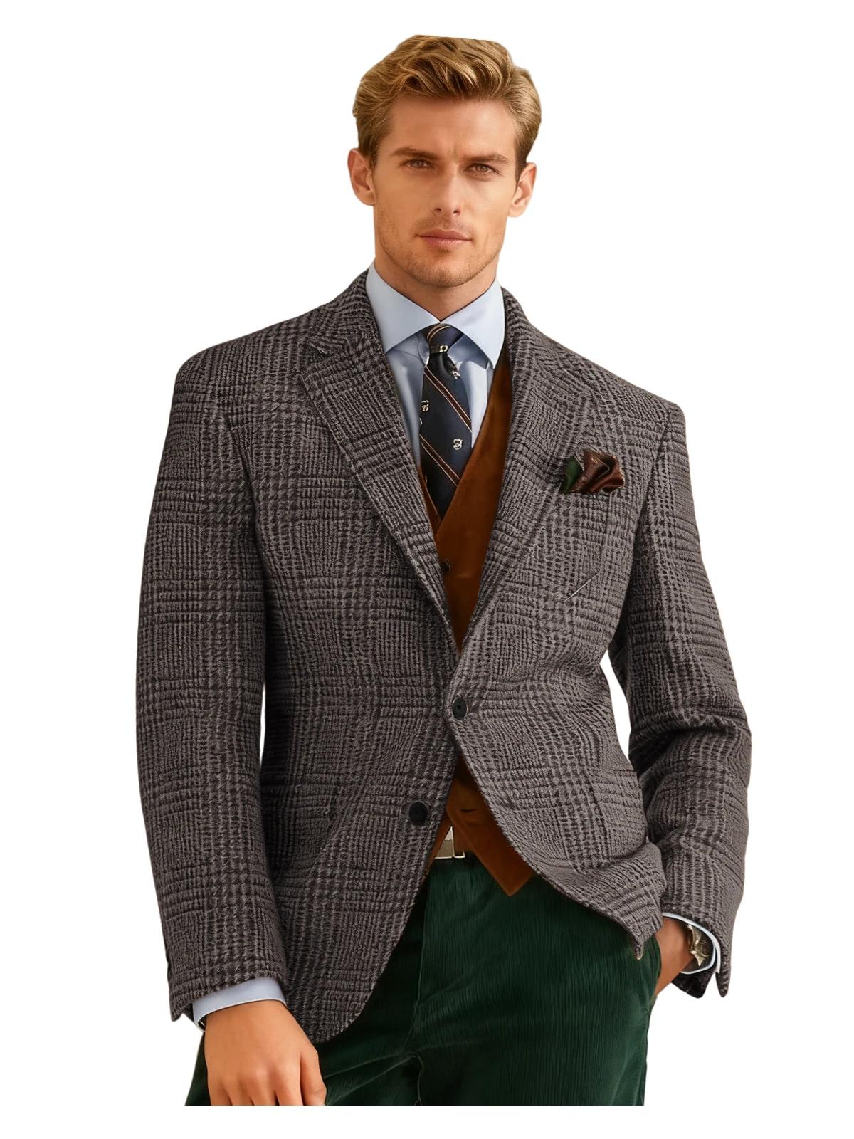 Automne hiver hommes costumes veste formelle simple boutonnage Plaid Blazer Tweed porter Tuxedos aff
