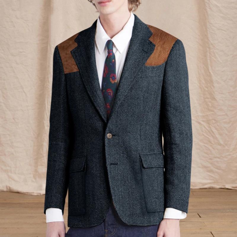 Blazer vintage pour homme en tweed à chevrons avec écusson en daim sur l'épaule, revers cranté, coup