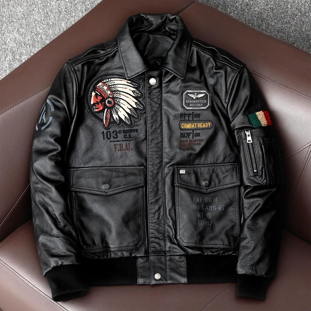 Blouson aviateur en cuir véritable pour homme, manteau de moto, broderie indienne, cuir de vachette,