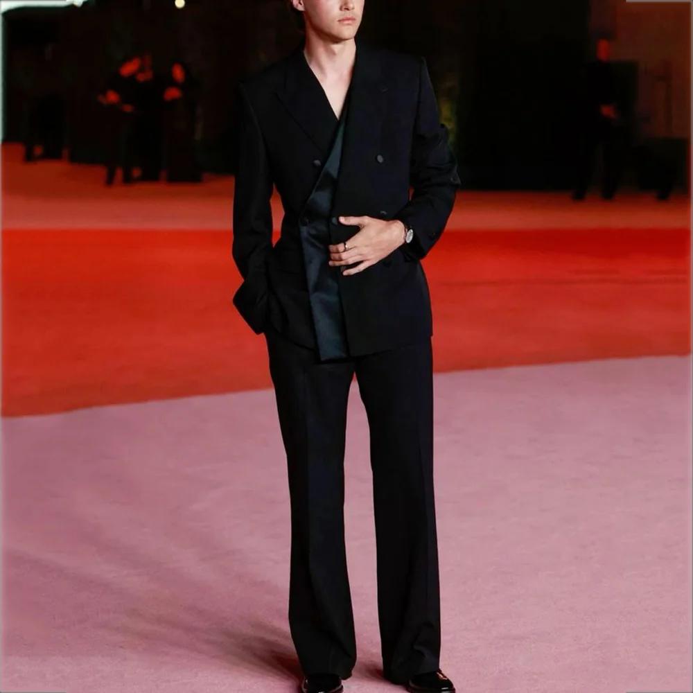 Costume noir formel pour hommes, ensemble de tenues Slim ajustées à revers, tapis rouge, beau et élé