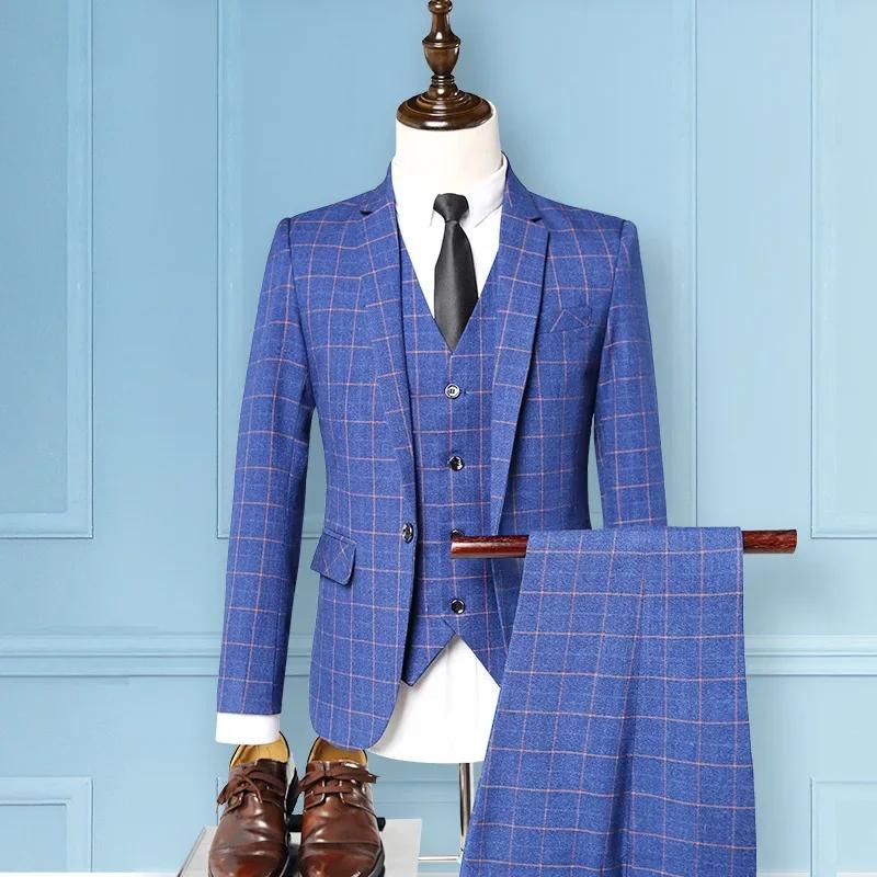 Costume (Blazer + gilet + pantalon) homme Style italien mode affaires élégant Gentleman Plaid mince 