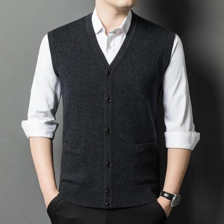 2025 hommes 100% laine mérinos super fine gilets sans manches Cardigans homme Pure laine tricoté pul